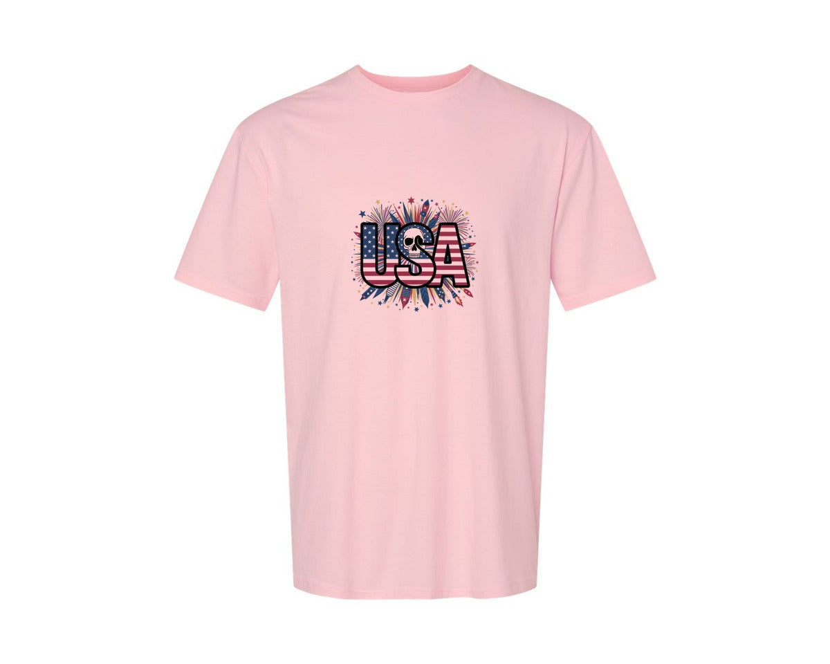 brand:Generic|color:Pink|Usa Skull Fireworks 4Th Of July T Shirt 2 Graphic T-Shirt