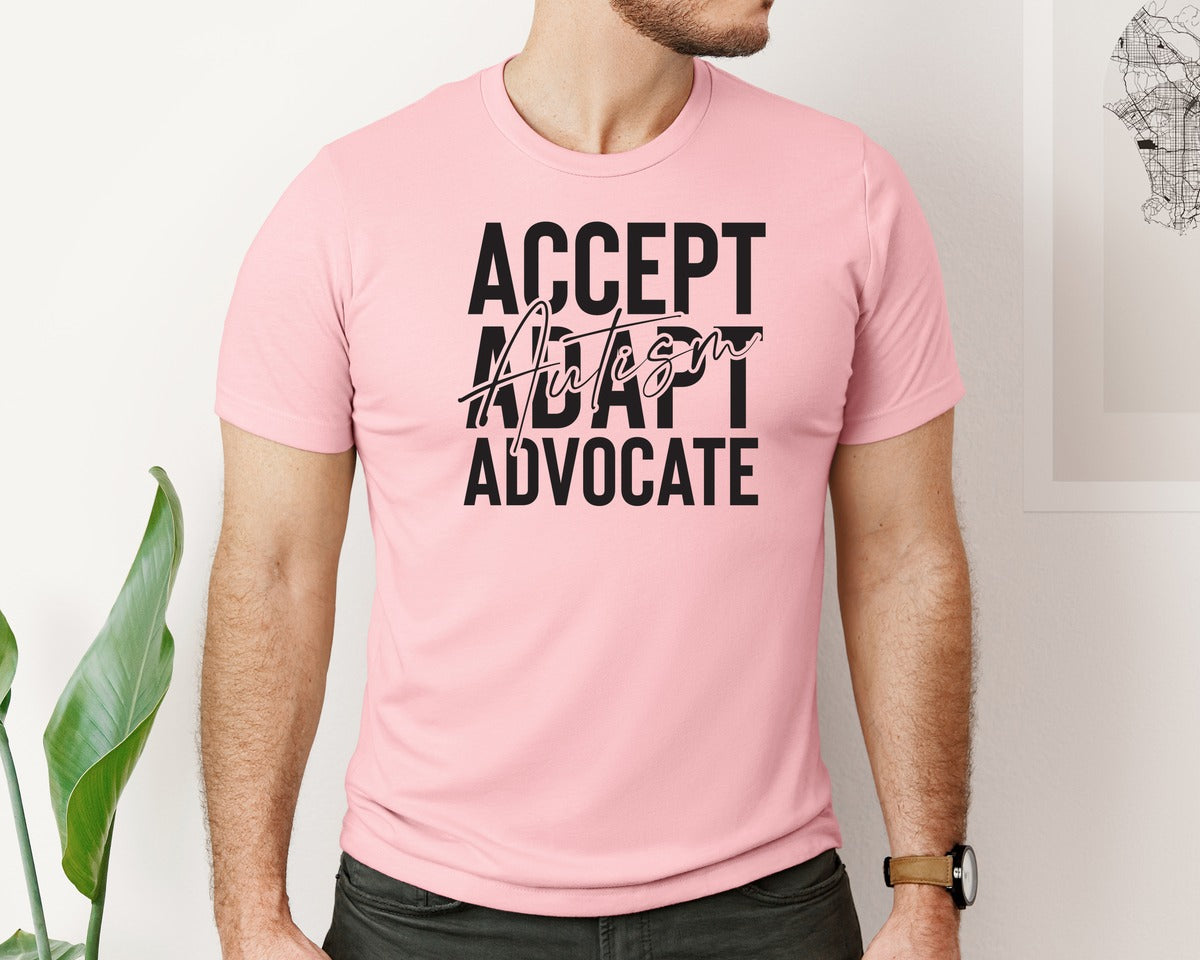 brand:Bella Canvas|color:Pink|Accept Adapt Advocate Autism Graphic T-Shirt
