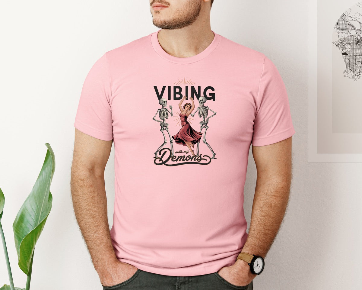 brand:Bella Canvas|color:Pink|Vibing With My Demons Retro Gothic 2 Graphic T-Shirt