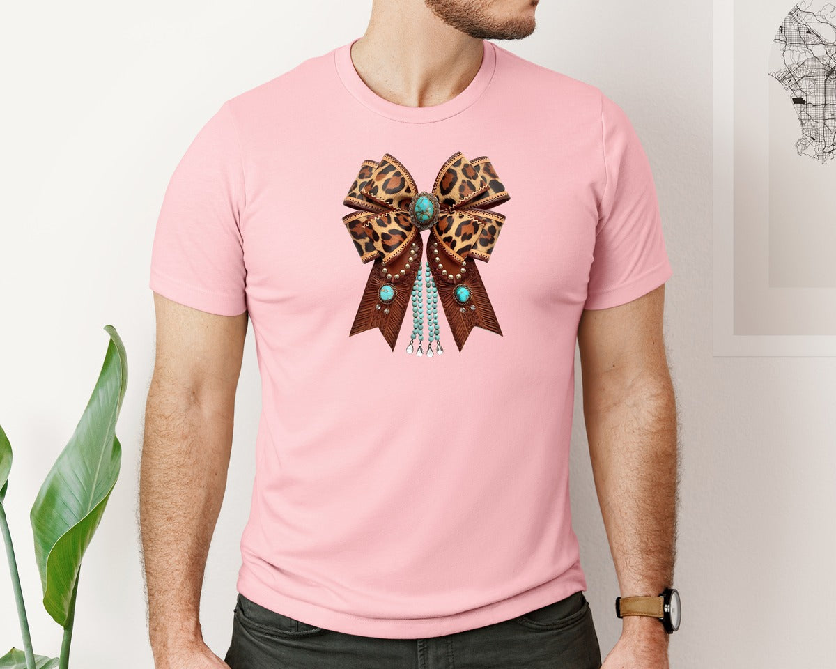 brand:Bella Canvas|color:Pink|Western Leopard Bow Bohemian Coquette Graphic T-Shirt