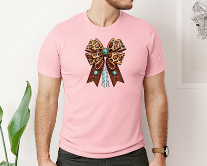brand:Bella Canvas|color:Pink|Western Leopard Bow Bohemian Coquette Graphic T-Shirt