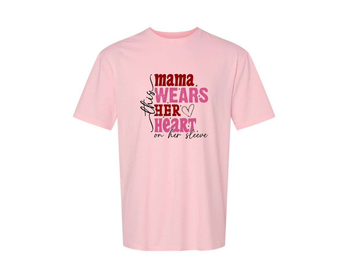 brand:Generic|color:Pink|This Mama Wears Her Heart On Her Sleeve 84 Graphic T-Shirt