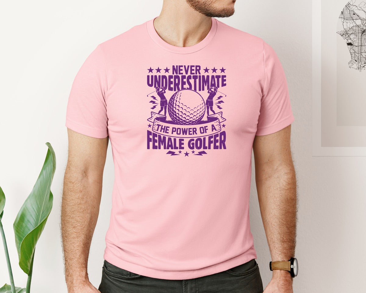 brand:Bella Canvas|color:Pink|Female Golfer Golf Club T Shirt Design Graphic T-Shirt