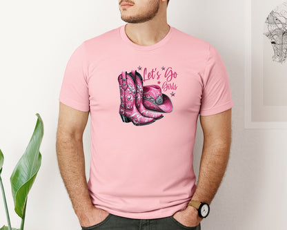 brand:Bella Canvas|color:Pink|Lets Go Girls Cowgirl Boots 2 Graphic T-Shirt