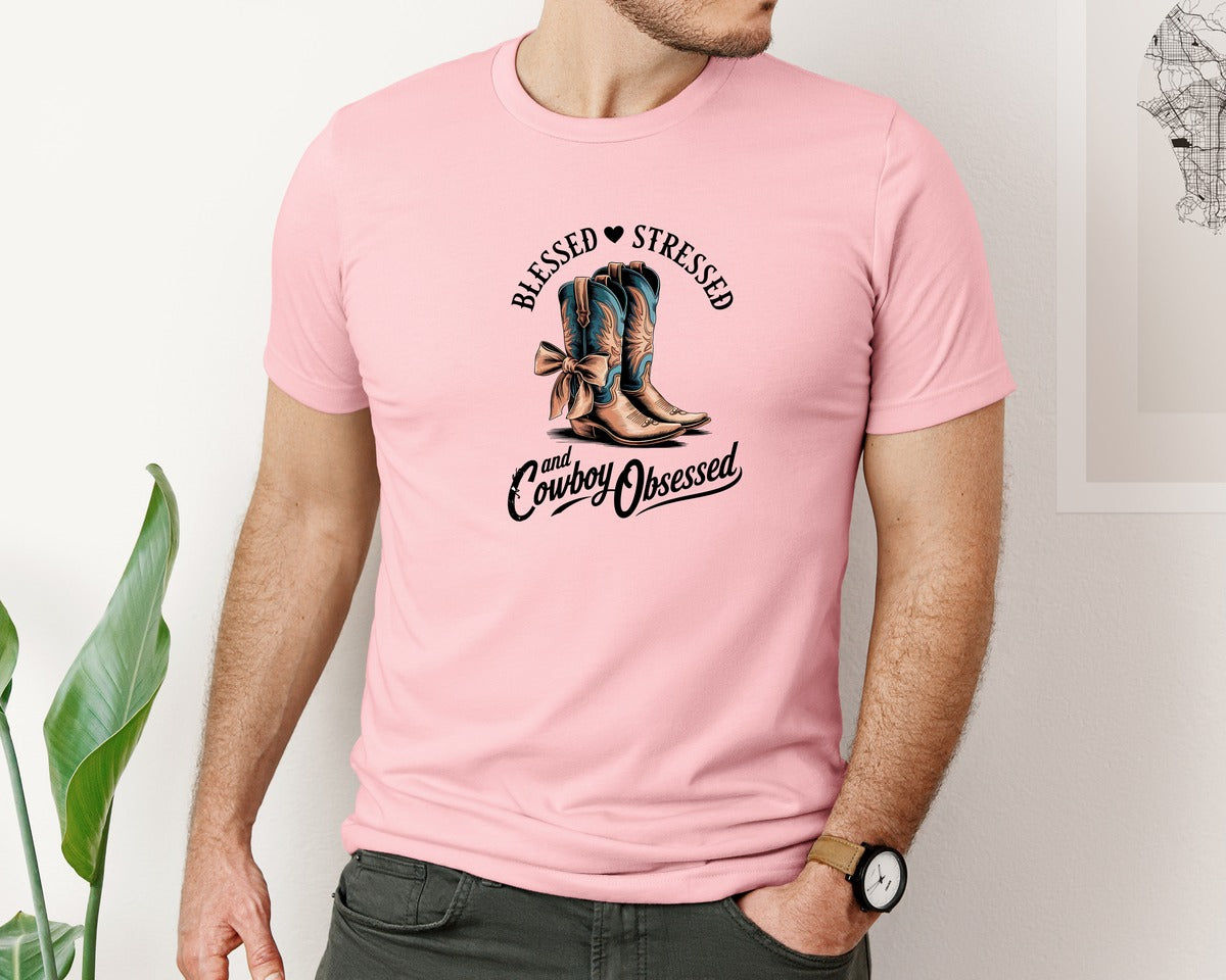 brand:Bella Canvas|color:Pink|Blessed Stressed Mom Western Mothers Day 3 Graphic T-Shirt