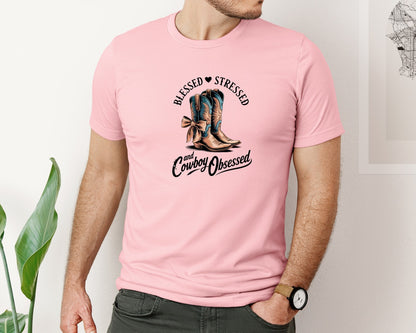 brand:Bella Canvas|color:Pink|Blessed Stressed Mom Western Mothers Day 3 Graphic T-Shirt
