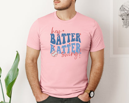 brand:Bella Canvas|color:Pink|Retro Baseball Hey Batter Batter Swing Graphic T-Shirt