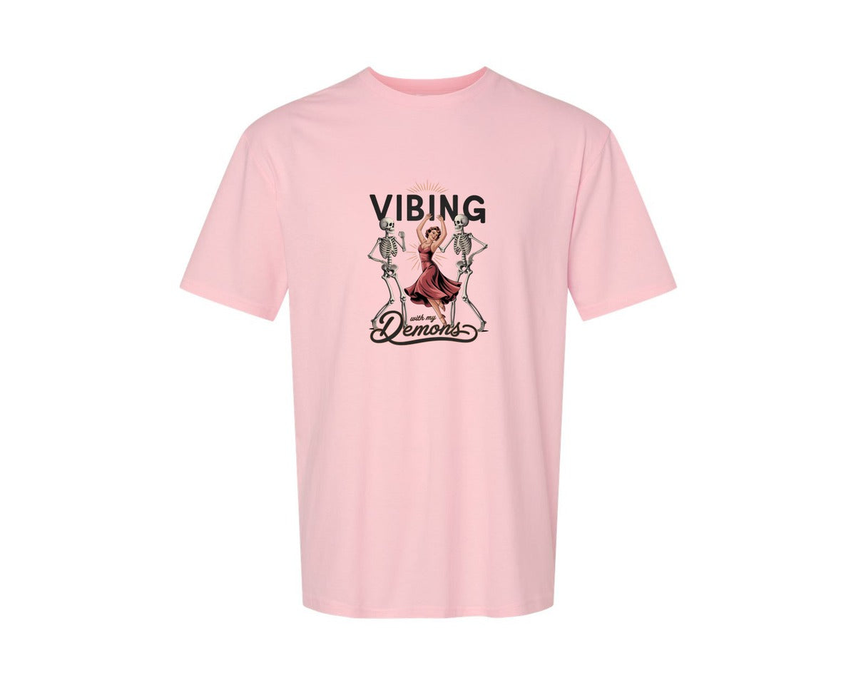 brand:Generic|color:Pink|Vibing With My Demons Retro Gothic 2 Graphic T-Shirt