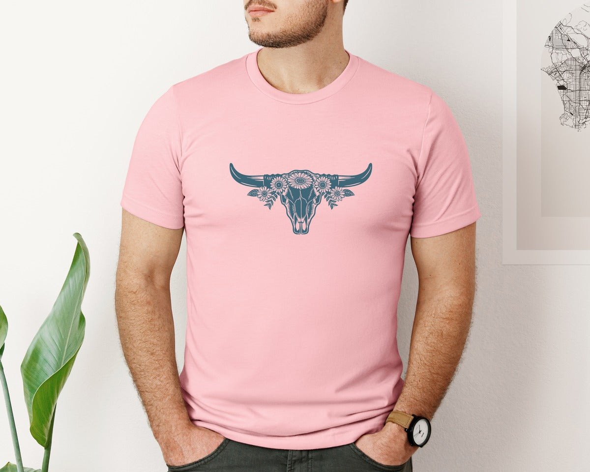 brand:Bella Canvas|color:Pink|Western Bull Skull Longhorn Boho Flowers 4 Graphic T-Shirt