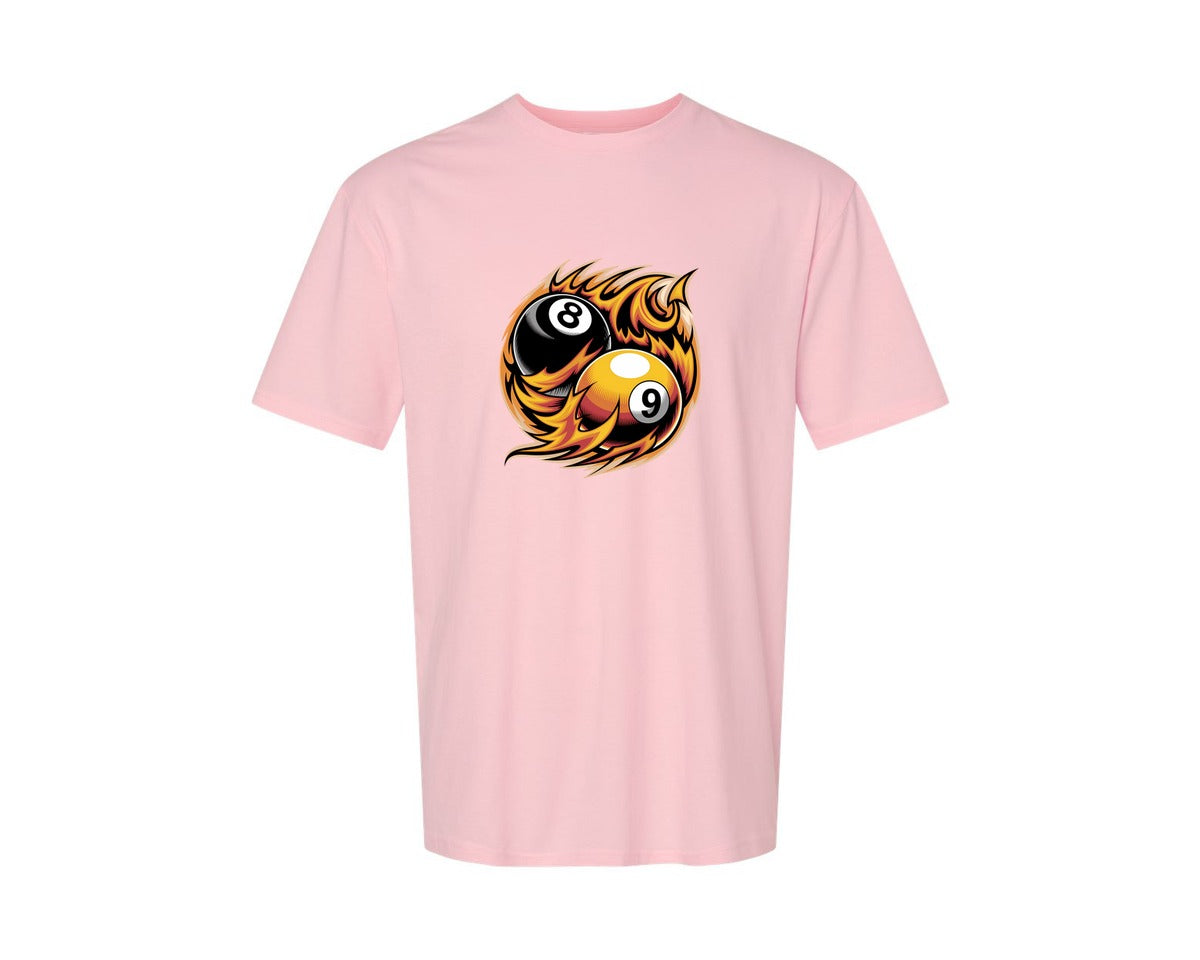 brand:Generic|color:Pink|Flaming 8 9 Ball Billiards Graphic T-Shirt