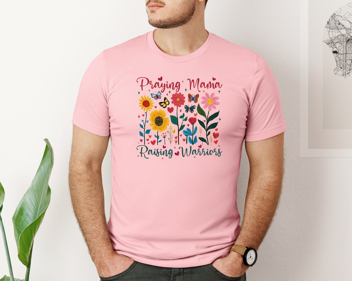brand:Bella Canvas|color:Pink|Praying Mama Raising Warriors Boho Graphic T-Shirt
