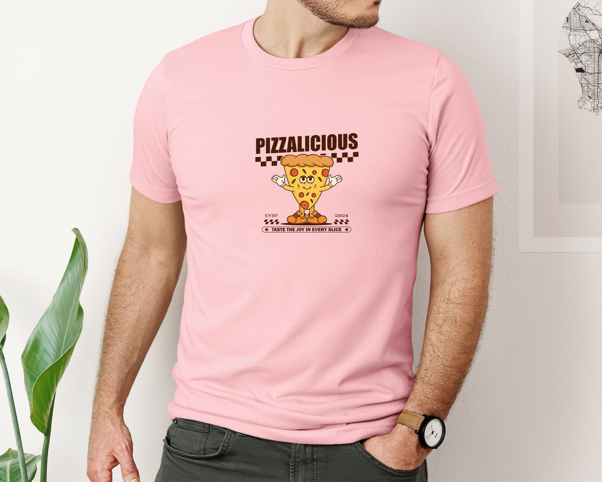 brand:Bella Canvas|color:Pink|Vintage Slice Pizza Cartoon Character Graphic T-Shirt