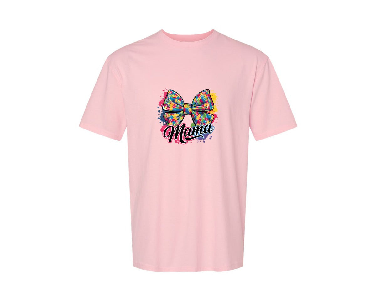 brand:Generic|color:Pink|Autism Mama Colorful Puzzle Bow Art Graphic T-Shirt