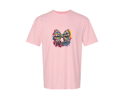 brand:Generic|color:Pink|Autism Mama Colorful Puzzle Bow Art Graphic T-Shirt