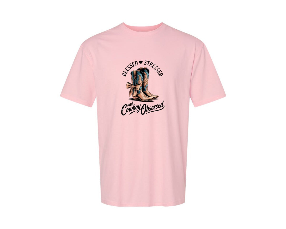 brand:Generic|color:Pink|Blessed Stressed Mom Western Mothers Day 3 Graphic T-Shirt