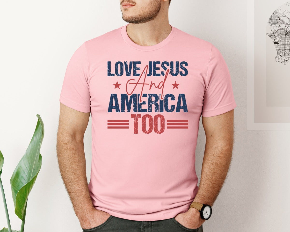 brand:Bella Canvas|color:Pink|Love Jesus And America Too Usa Graphic T-Shirt