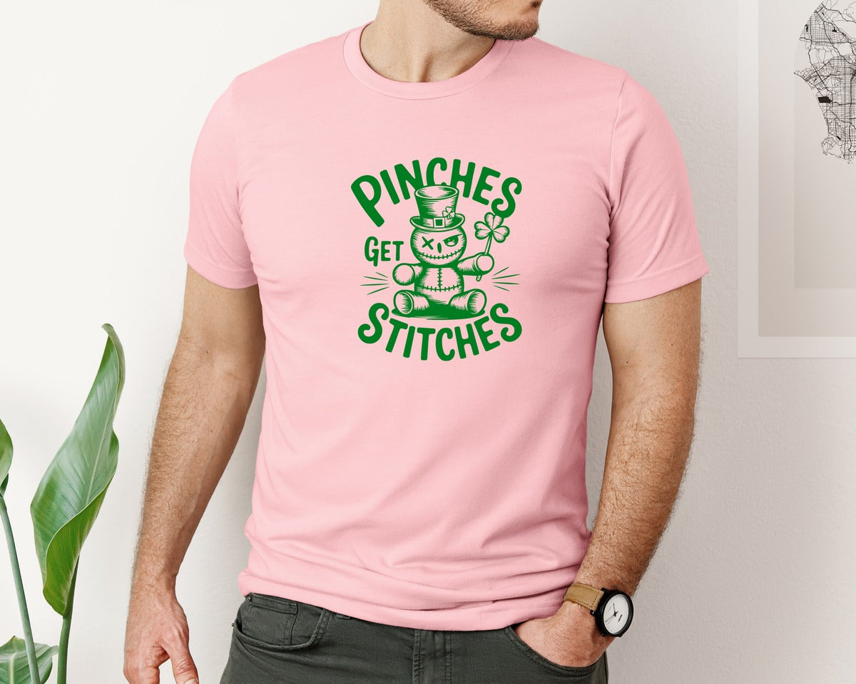 brand:Bella Canvas|color:Pink|Pinches Get Stitches Funny St Patri Graphic T-Shirt