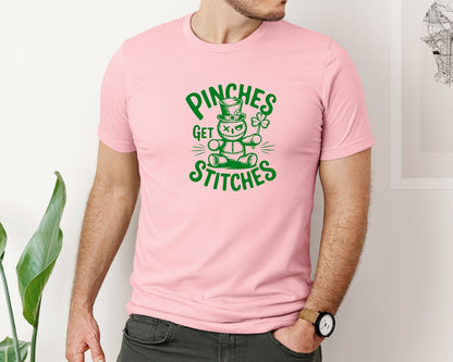 brand:Bella Canvas|color:Pink|Pinches Get Stitches Funny St Patri Graphic T-Shirt
