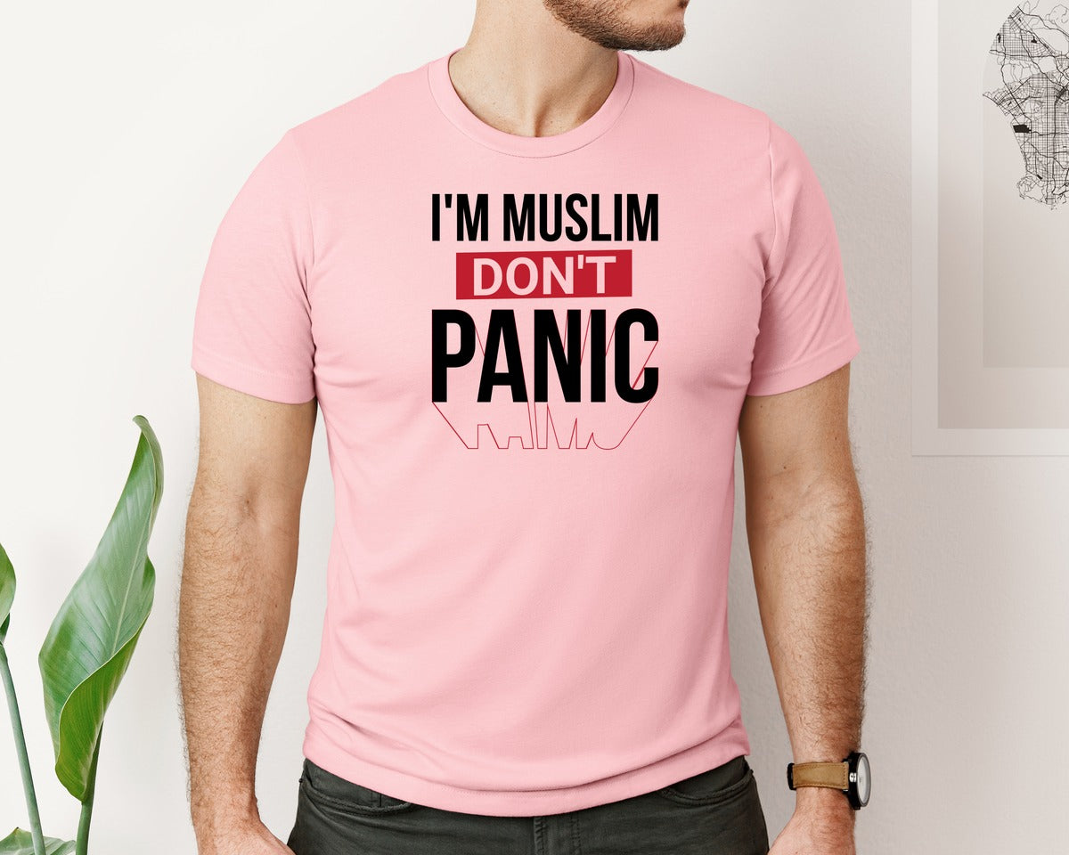 brand:Bella Canvas|color:Pink|Im Muslim Dont Panic Muslim Quote Is Graphic T-Shirt
