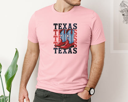 brand:Bella Canvas|color:Pink|Texas Cowboy Boots Western Rodeo 4 Graphic T-Shirt