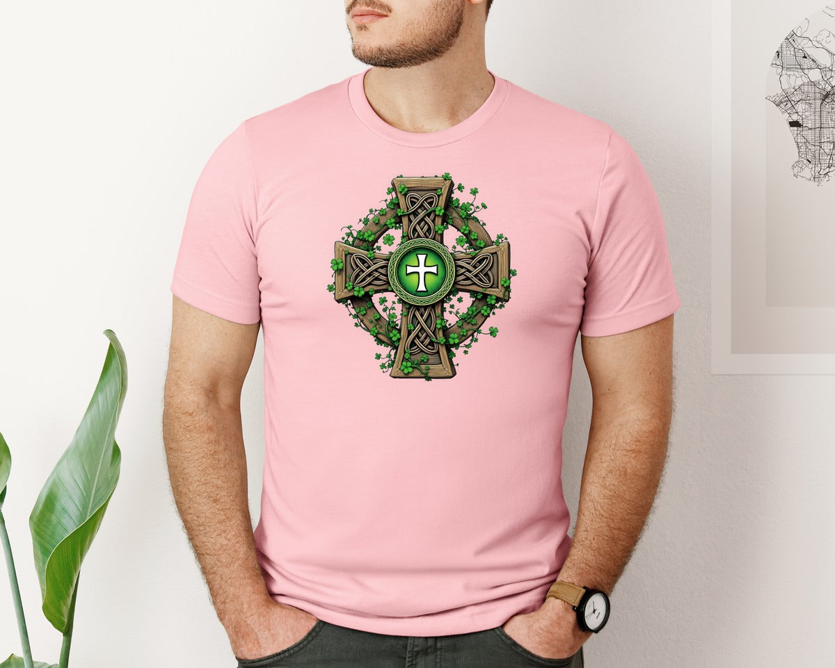 brand:Bella Canvas|color:Pink|Celtic Cross With Shamrocks Irish Graphic T-Shirt