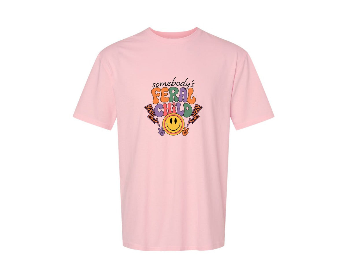 brand:Generic|color:Pink|Somebodys Feral Child Funny Summer Graphic T-Shirt