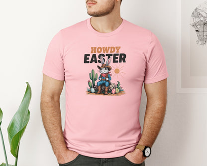 brand:Bella Canvas|color:Pink|Howdy Easter Western Cowboy Bunny 2 Graphic T-Shirt