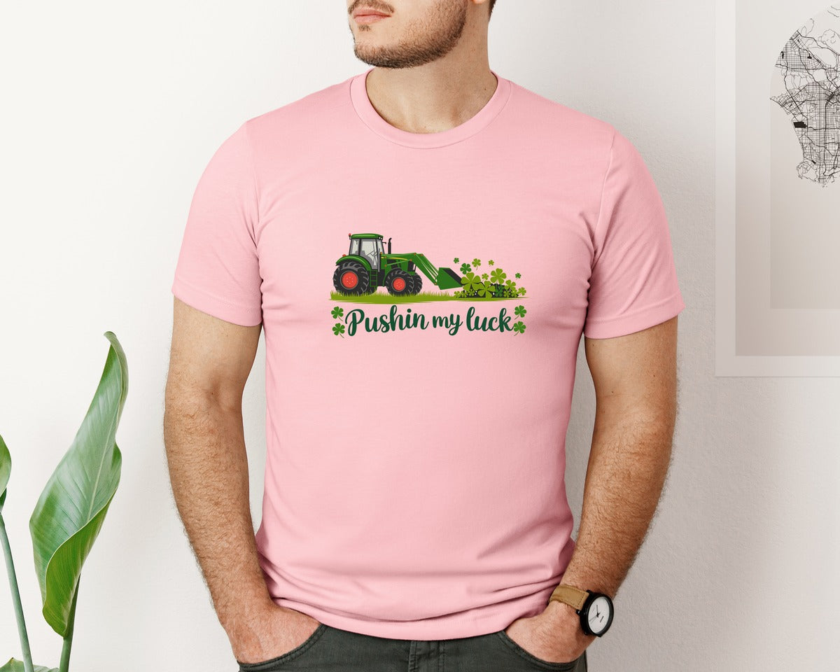 brand:Bella Canvas|color:Pink|Pushin My Luck St Patricks Day 3 Graphic T-Shirt