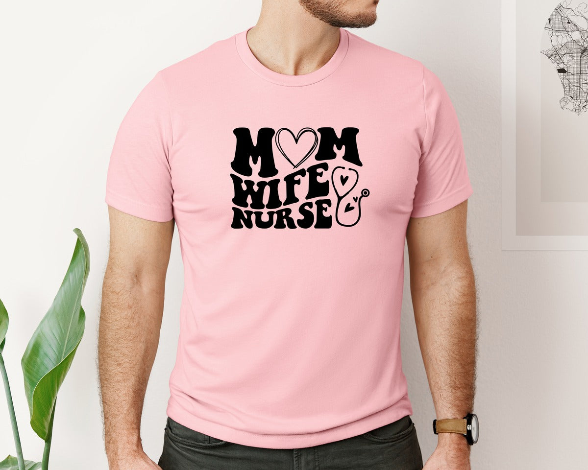 brand:Bella Canvas|color:Pink|Mom Wife Nurse Wavy Graphic T-Shirt