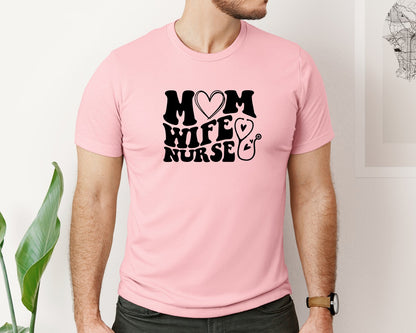 brand:Bella Canvas|color:Pink|Mom Wife Nurse Wavy Graphic T-Shirt