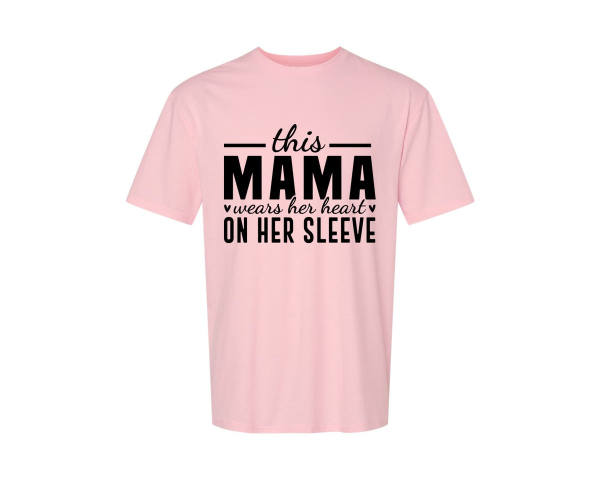 brand:Generic|color:Pink|This Mama Wears Her Heart On Her Sleeve 77 Graphic T-Shirt