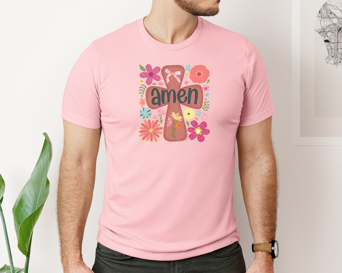 brand:Bella Canvas|color:Pink|Boho Floral Amen Christian Graphic T-Shirt