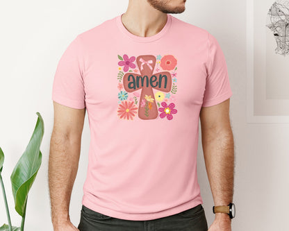 brand:Bella Canvas|color:Pink|Boho Floral Amen Christian Graphic T-Shirt