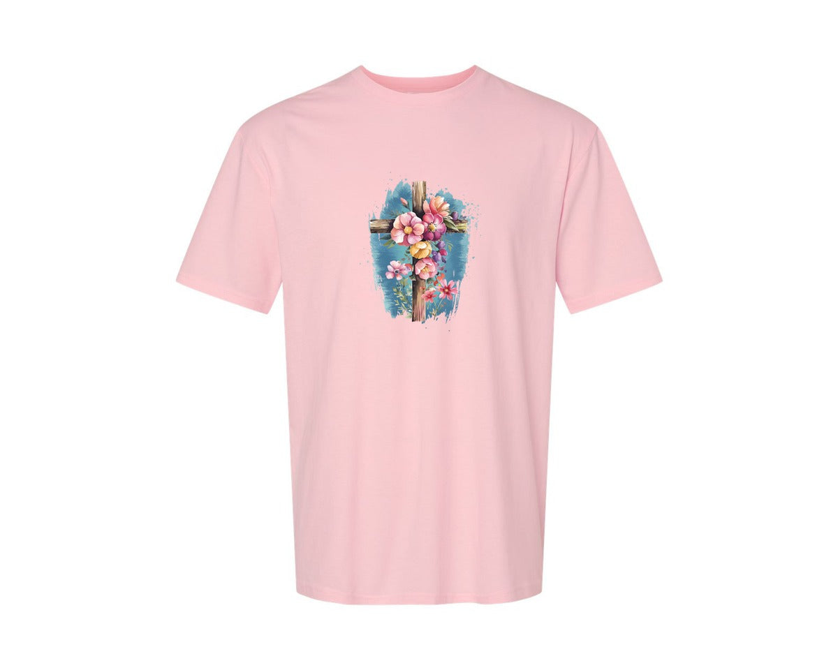 brand:Generic|color:Pink|Floral Christian Cross Graphic T-Shirt