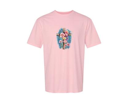 brand:Generic|color:Pink|Floral Christian Cross Graphic T-Shirt