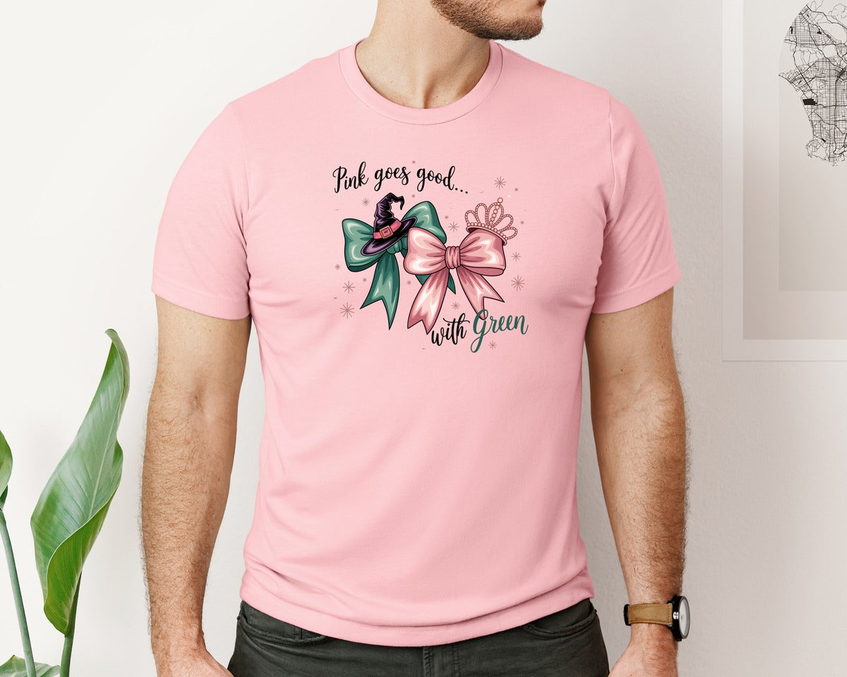 brand:Bella Canvas|color:Pink|Pink Goes Good With Green 4 Graphic T-Shirt