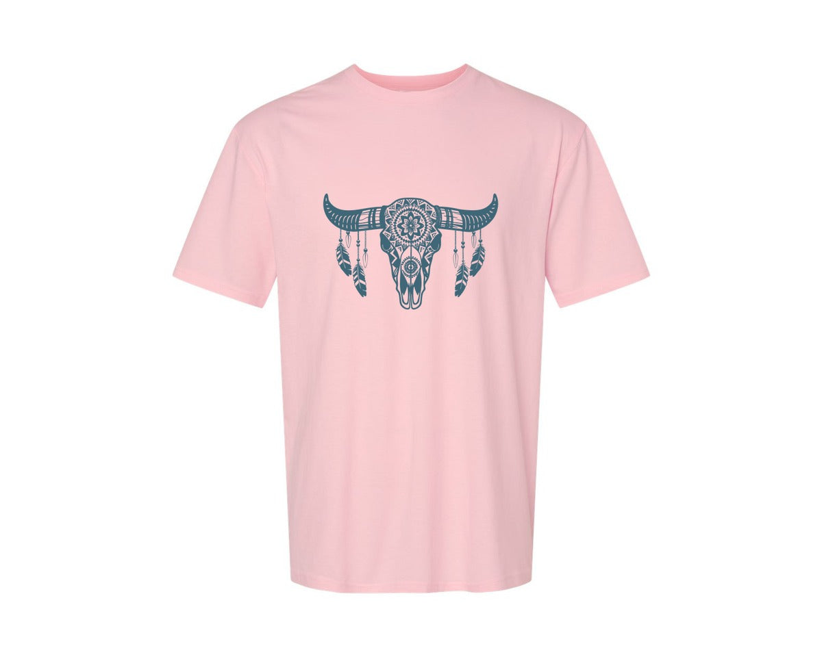 brand:Generic|color:Pink|Western Bull Skull Aztec Boho Longhorn Graphic T-Shirt