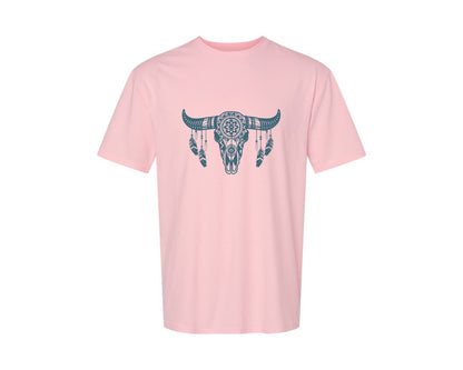 brand:Generic|color:Pink|Western Bull Skull Aztec Boho Longhorn Graphic T-Shirt