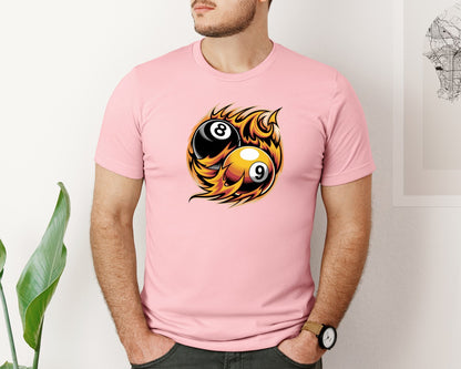 brand:Bella Canvas|color:Pink|Flaming 8 9 Ball Billiards Graphic T-Shirt