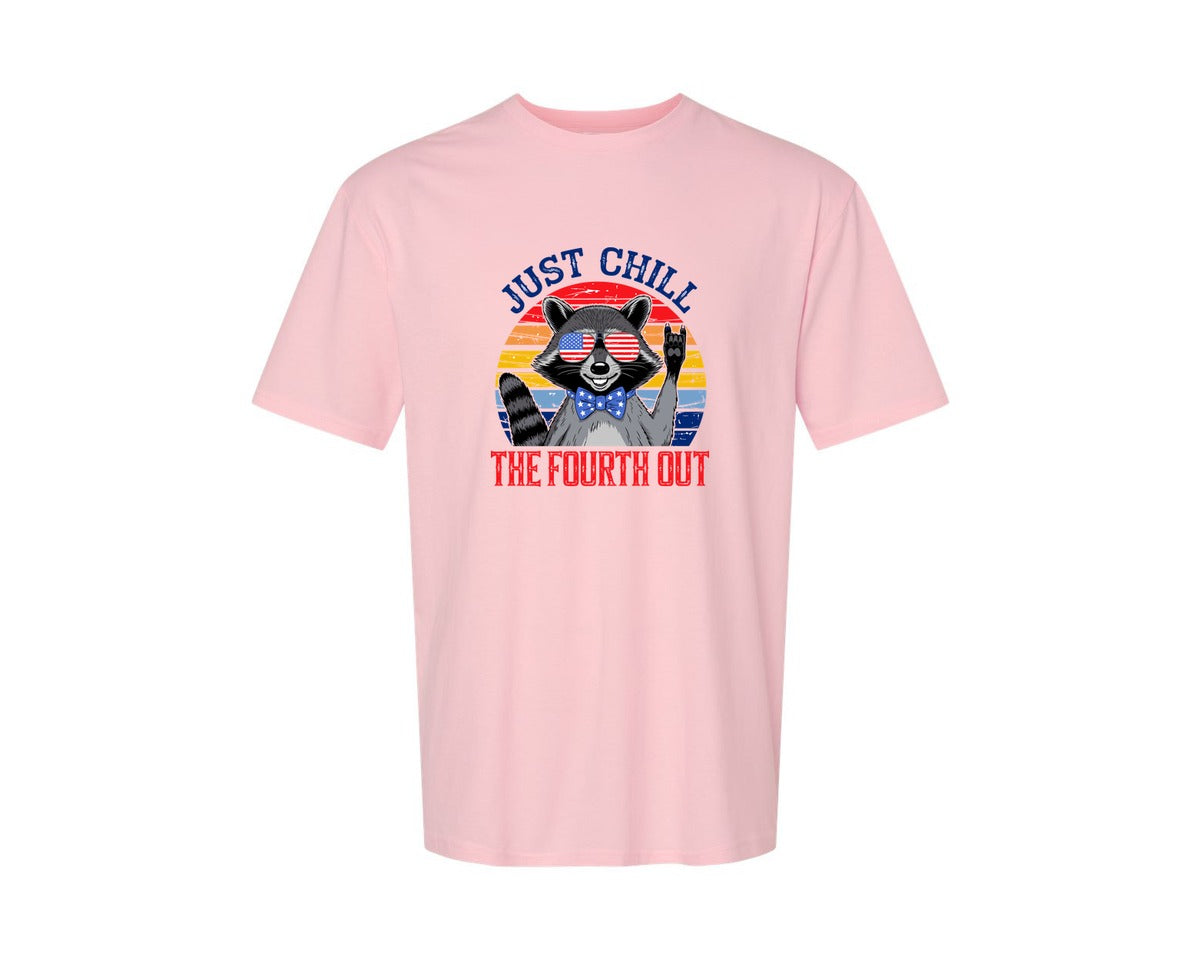 brand:Generic|color:Pink|Retro Raccoon 4Th Of July Chill Vibes Graphic T-Shirt