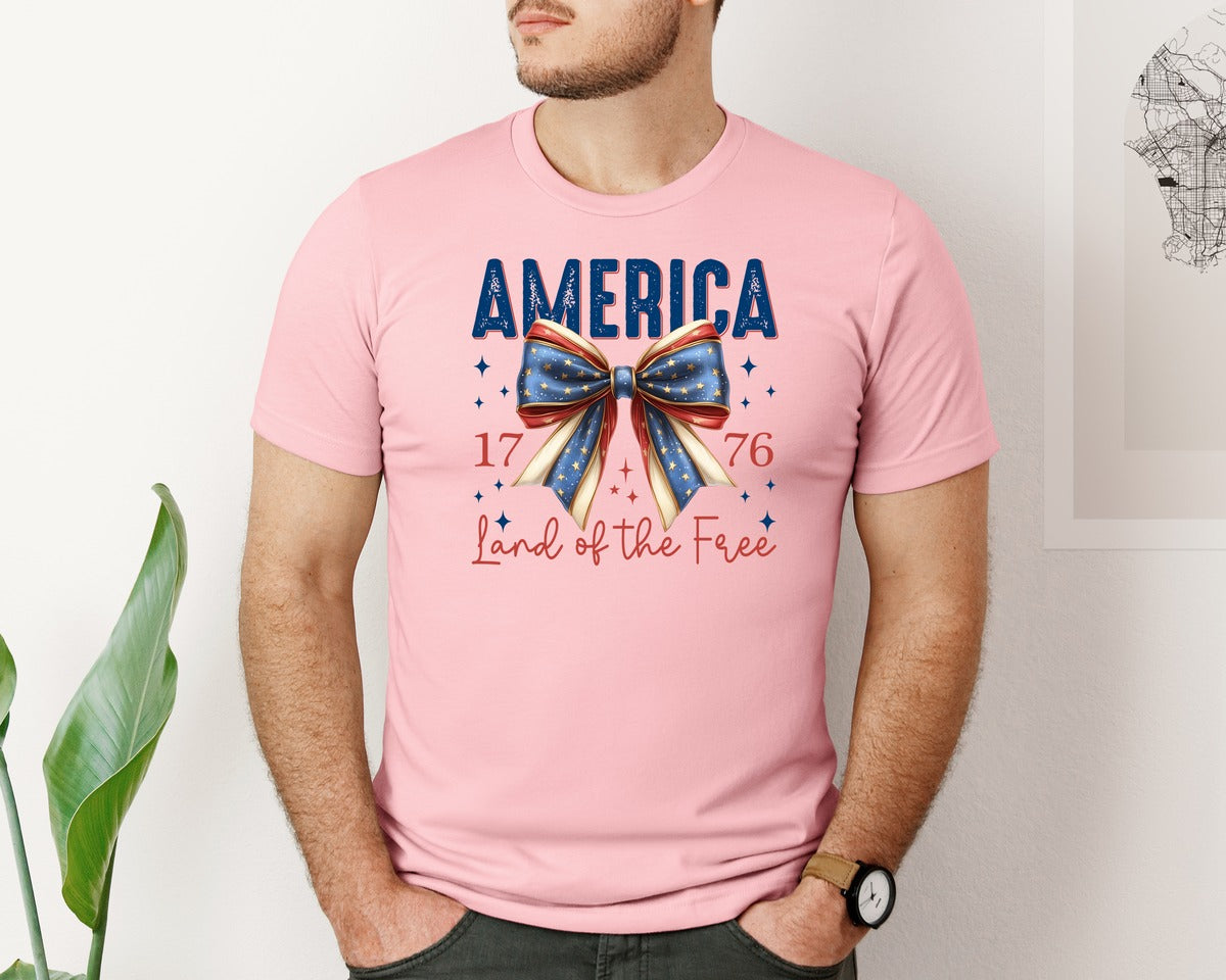 brand:Bella Canvas|color:Pink|America Bow Land Of The Free Graphic T-Shirt