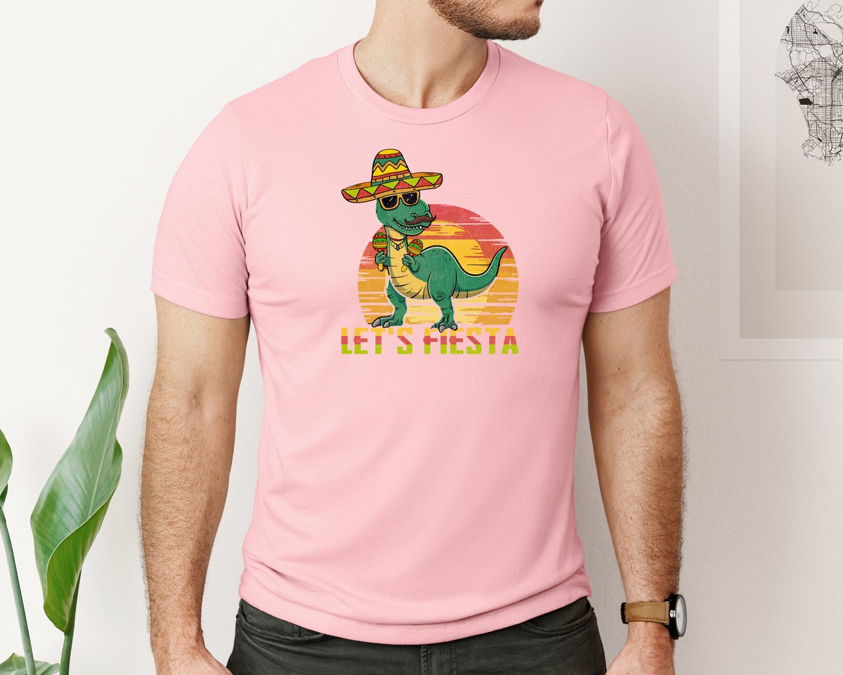 brand:Bella Canvas|color:Pink|Lets Fiesta Dinosaur Cinco De Mayo Graphic T-Shirt