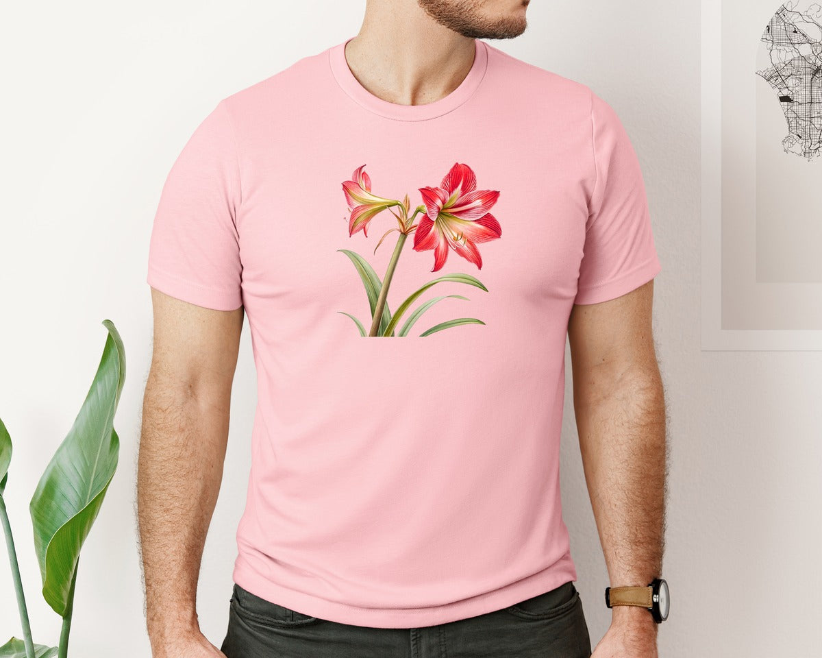 brand:Bella Canvas|color:Pink|Red Amaryllis Flower T Shirt Design Graphic T-Shirt