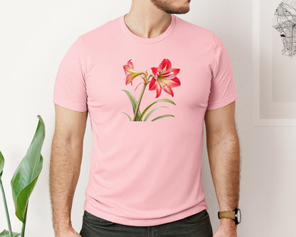 brand:Bella Canvas|color:Pink|Red Amaryllis Flower T Shirt Design Graphic T-Shirt