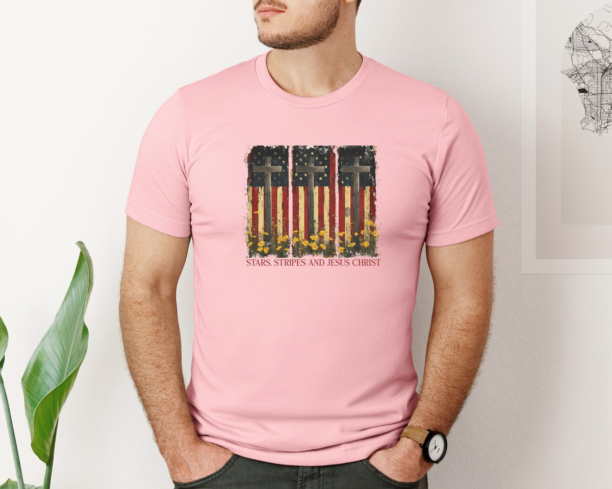 brand:Bella Canvas|color:Pink|Stars And Stripes And Jesus Christ Graphic T-Shirt