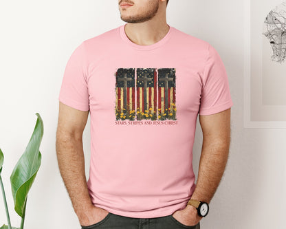 brand:Bella Canvas|color:Pink|Stars And Stripes And Jesus Christ Graphic T-Shirt
