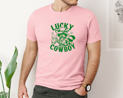 brand:Bella Canvas|color:Pink|Lucky Cowboy Funny St Patricks Day Graphic T-Shirt