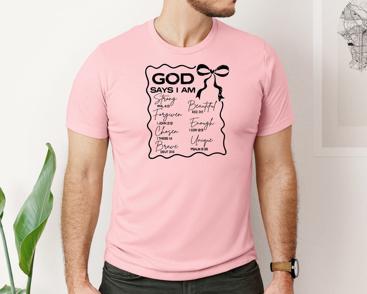 brand:Bella Canvas|color:Pink|God Says I Am Coquette Christian Graphic T-Shirt