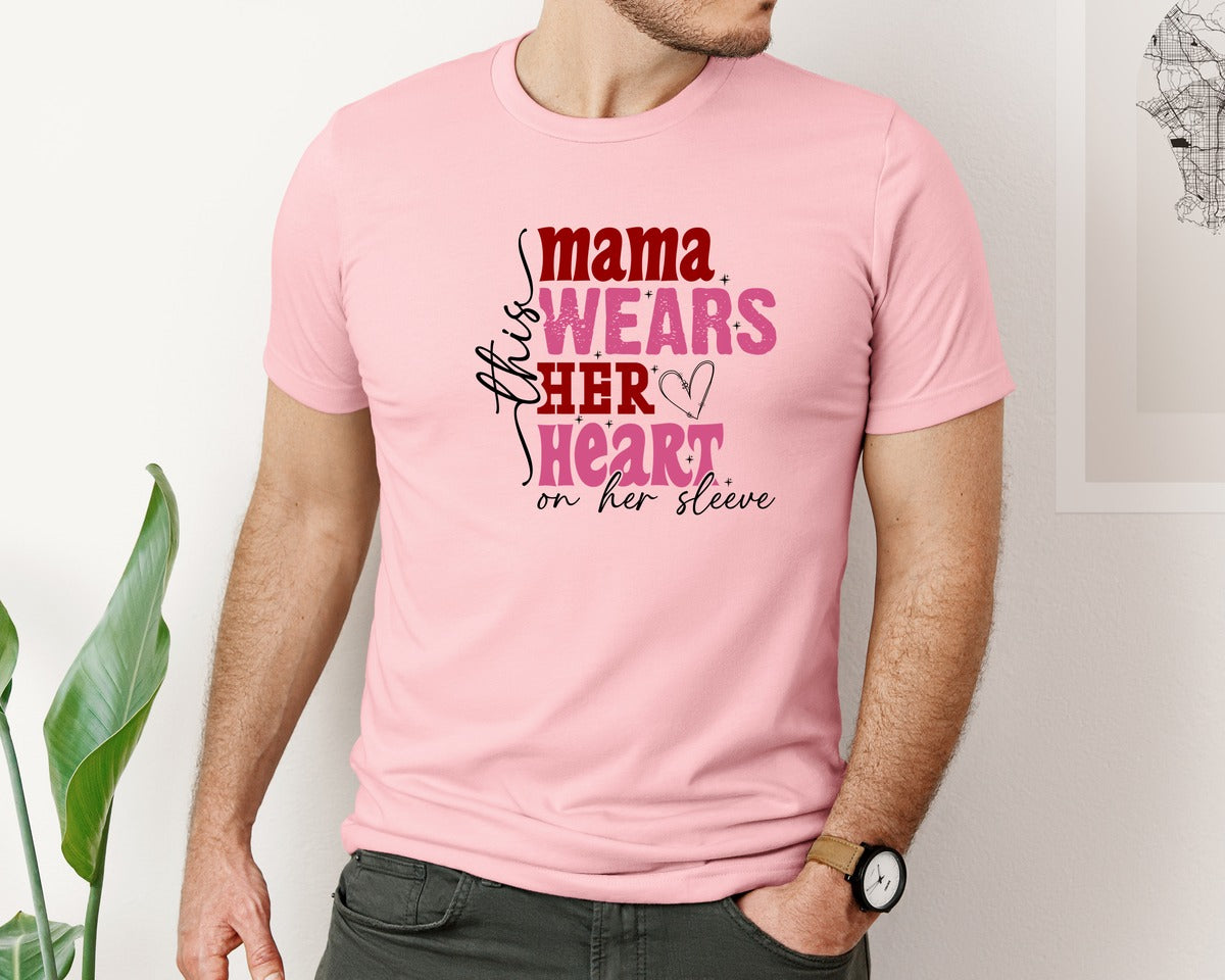 brand:Bella Canvas|color:Pink|This Mama Wears Her Heart On Her Sleeve 84 Graphic T-Shirt
