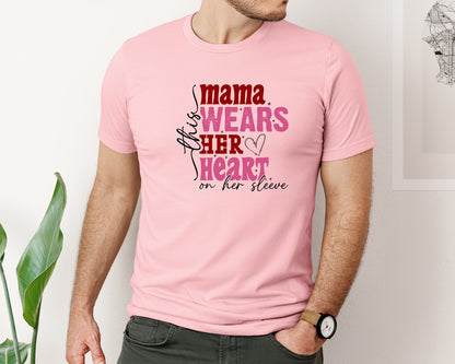 brand:Bella Canvas|color:Pink|This Mama Wears Her Heart On Her Sleeve 84 Graphic T-Shirt